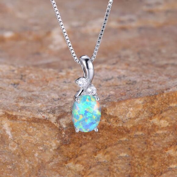 NEW 14k White Gold Blue Fire Opal Necklace Opal Pendant Necklace - Picture 1 of 6
